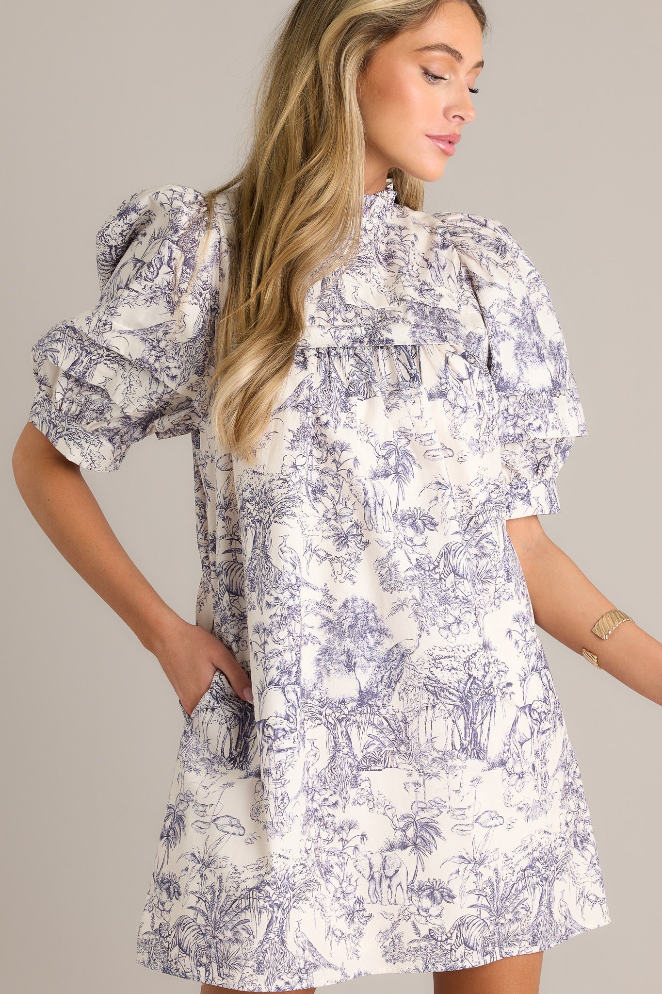 Pure Poise 100% Cotton Navy Toile Puff Sleeve Mini Dress