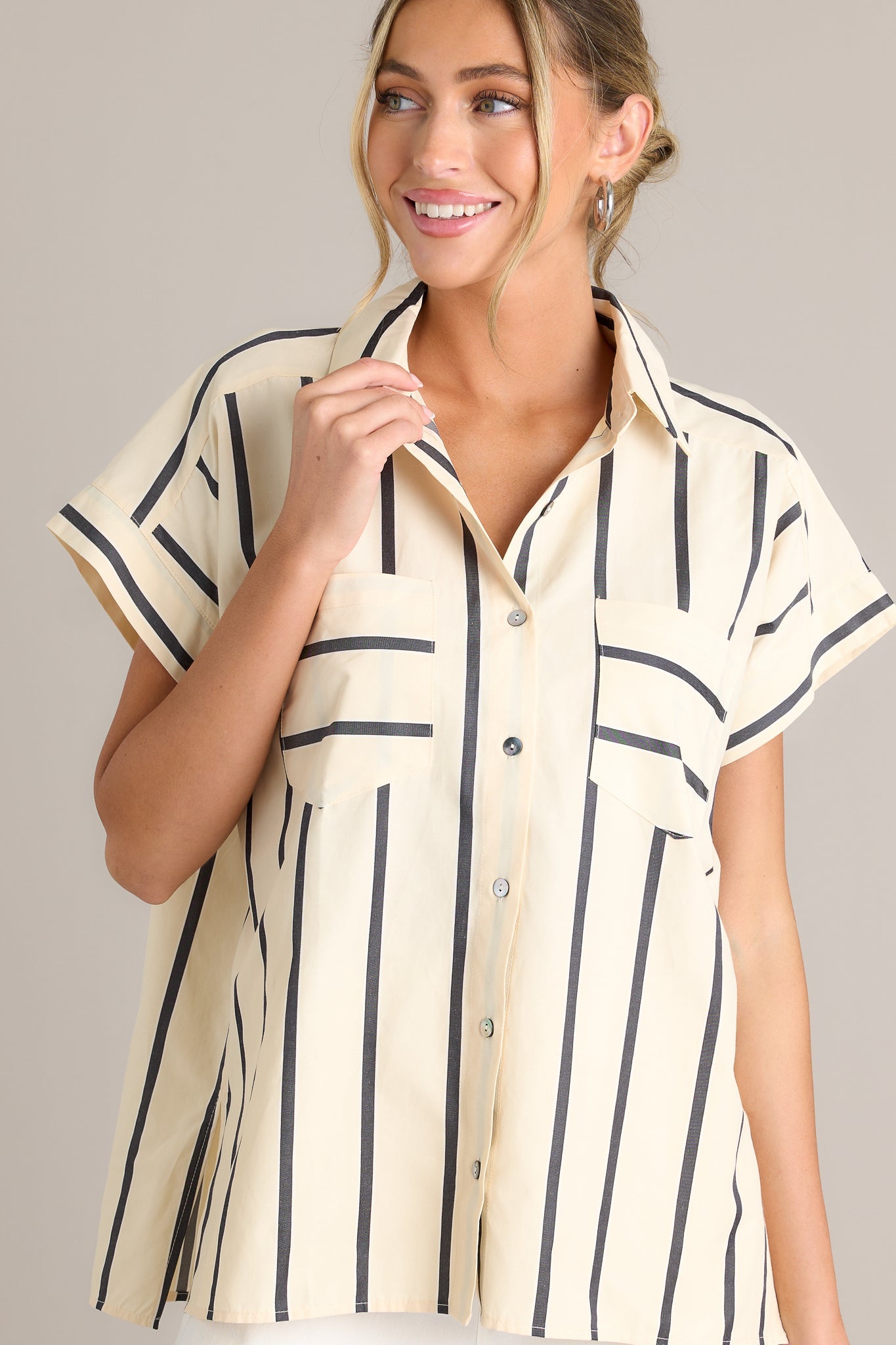 Regal Radiance Black Stripe Button Front Top