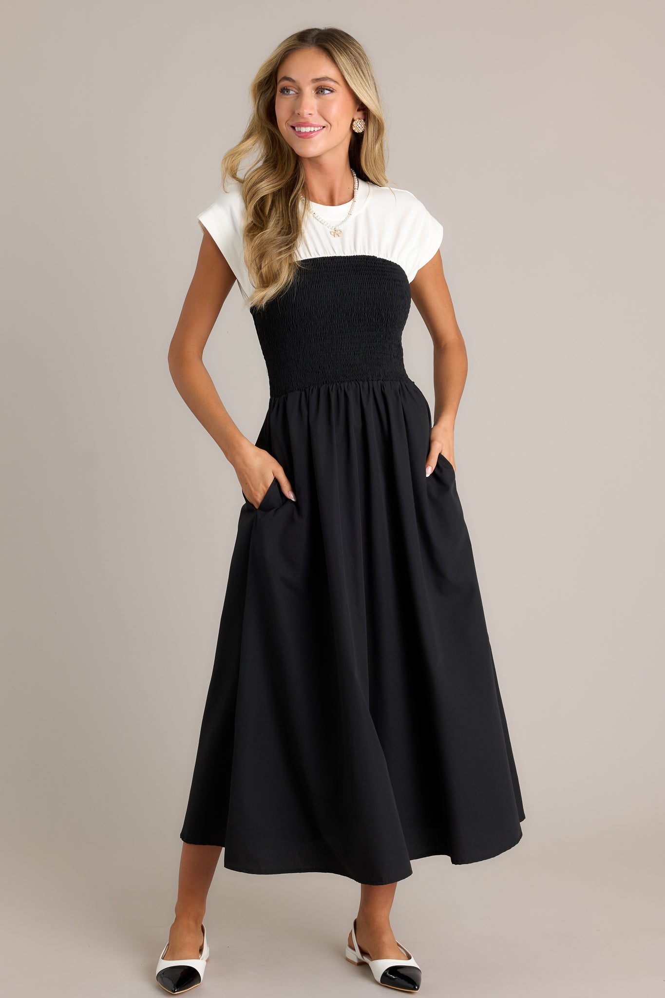 Never Disappear Black & White Smocked Midi Dress