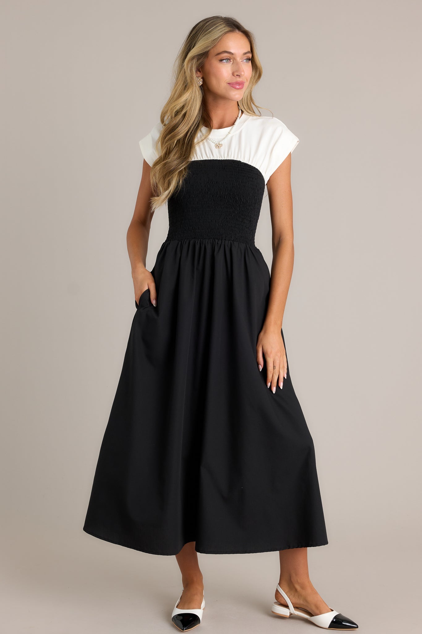 Never Disappear Black & White Smocked Midi Dress