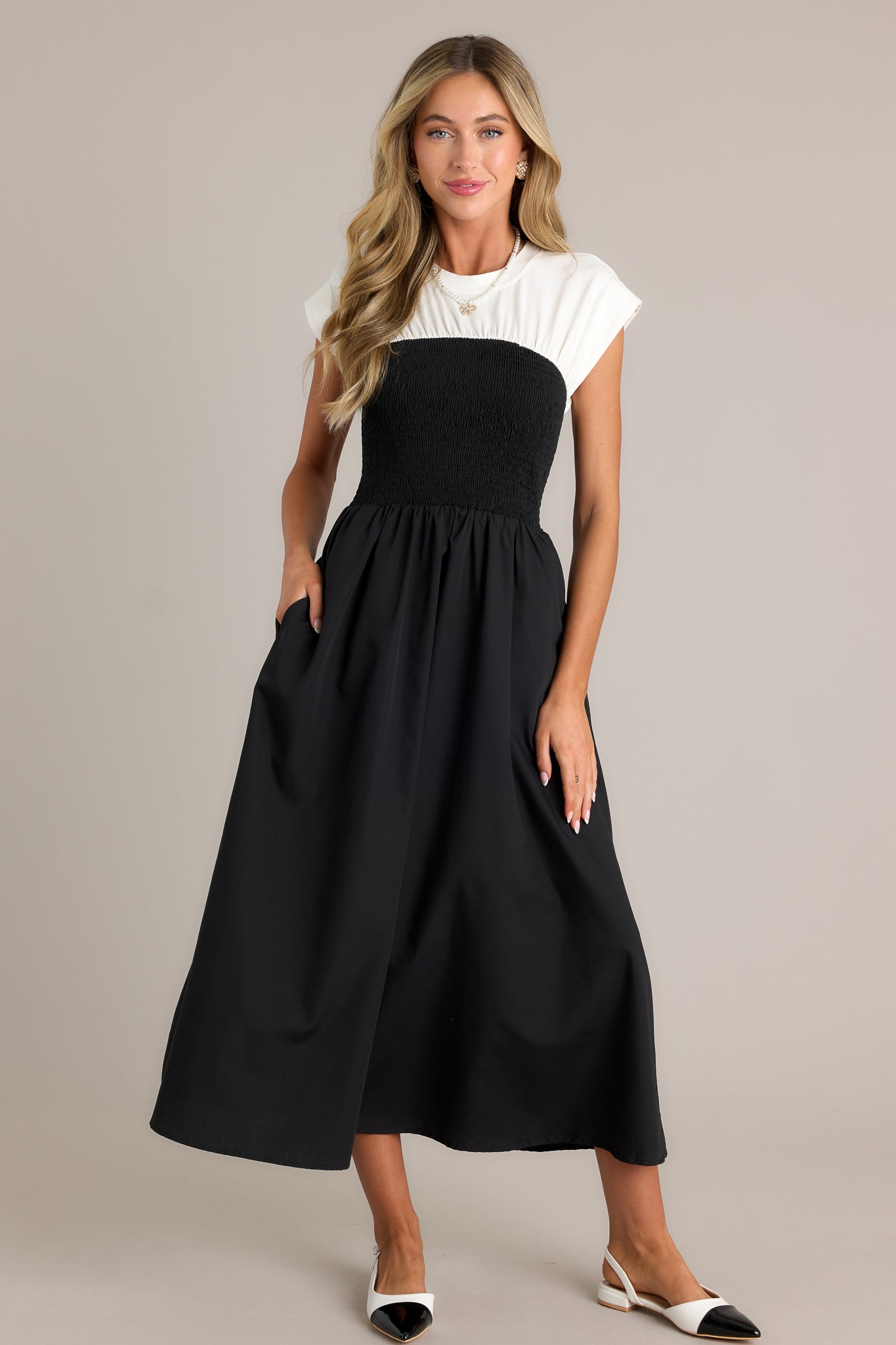 Never Disappear Black & White Smocked Midi Dress
