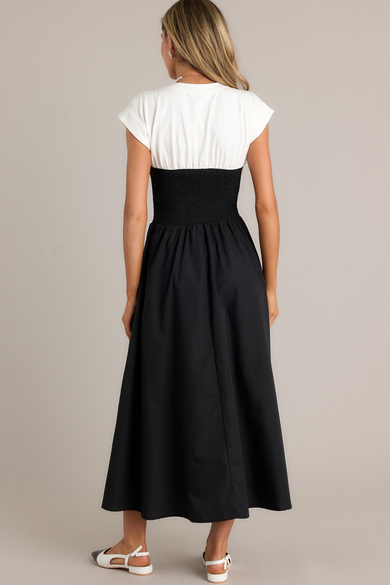 Never Disappear Black & White Smocked Midi Dress