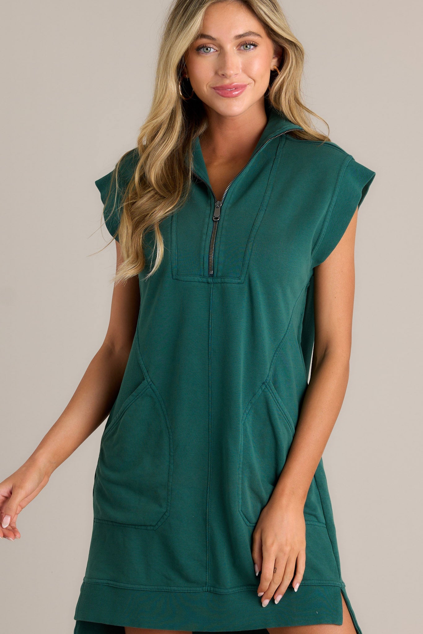 Shadowed Splendor 100% Cotton Hunter Green Zip Front Mini Dress