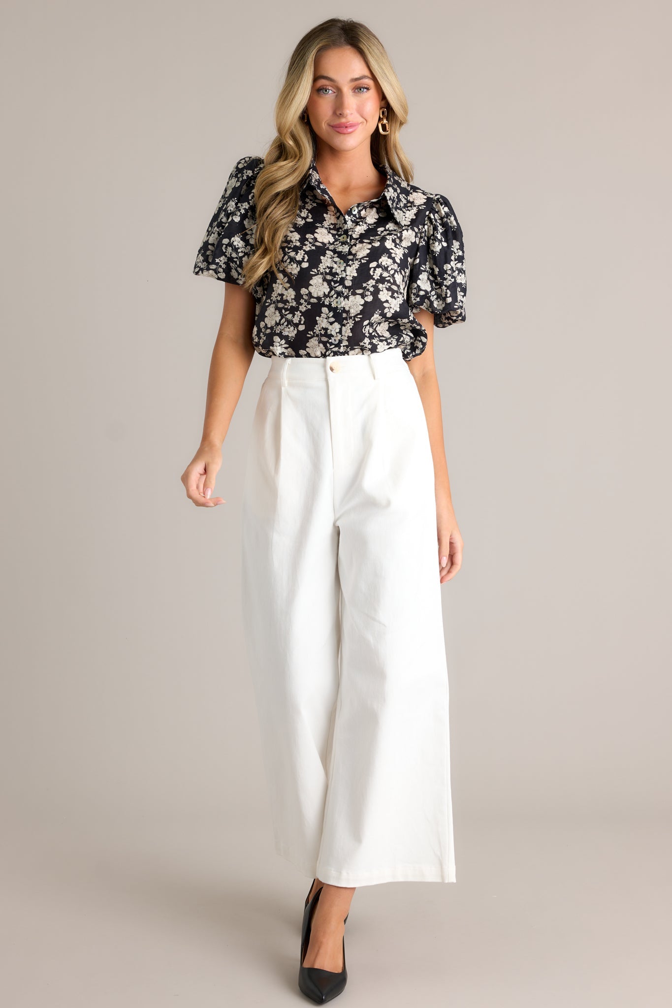 Morning Strolls Black Floral Puff Sleeve Blouse