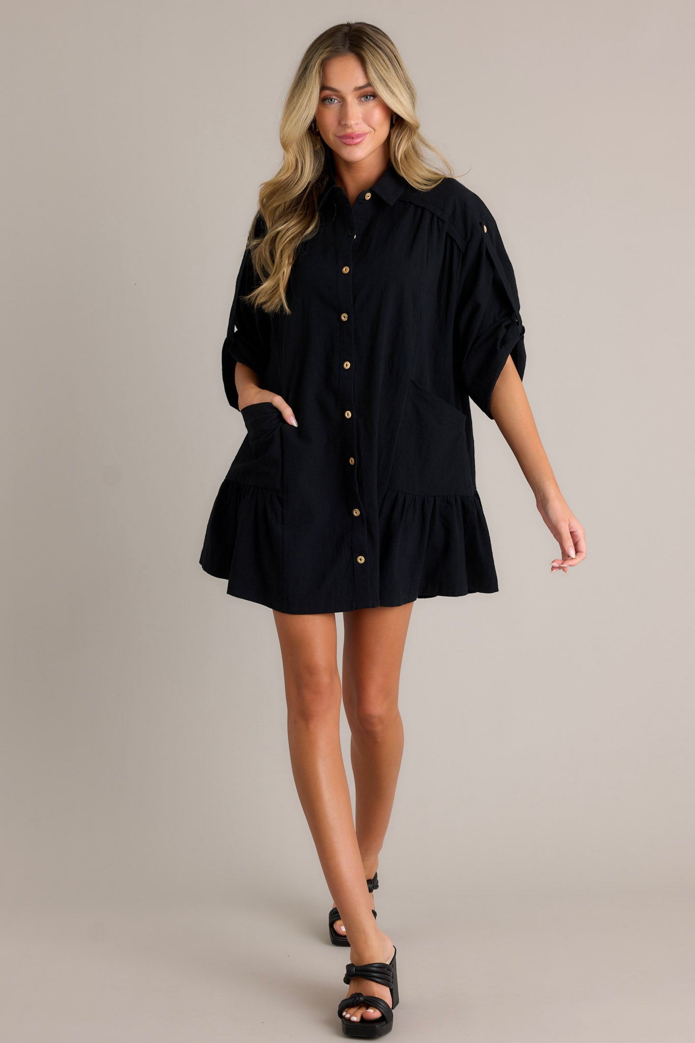 Posh Vision 100% Cotton Black Button Front Mini Dress