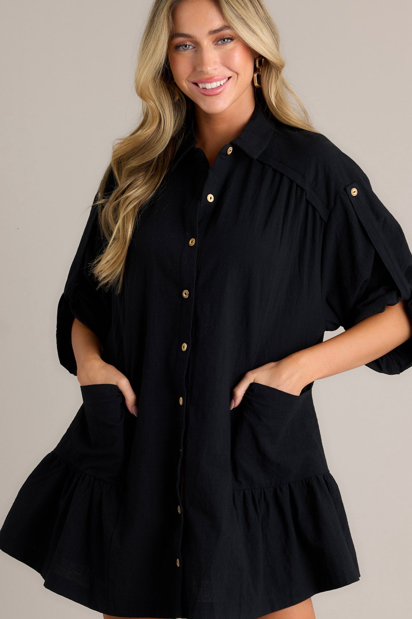 Posh Vision 100% Cotton Black Button Front Mini Dress