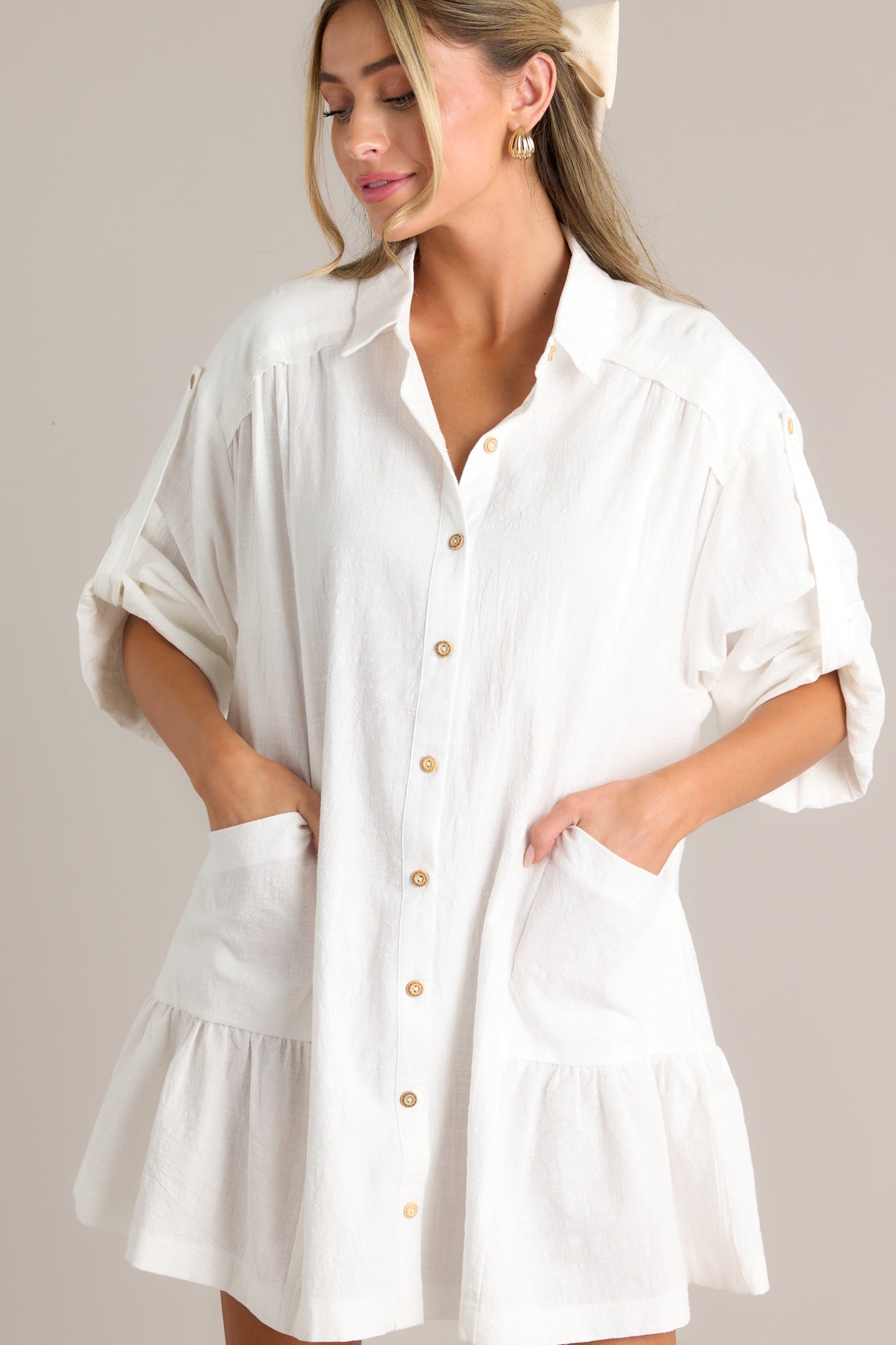 Posh Vision 100% Cotton Ivory Button Front Mini Dress