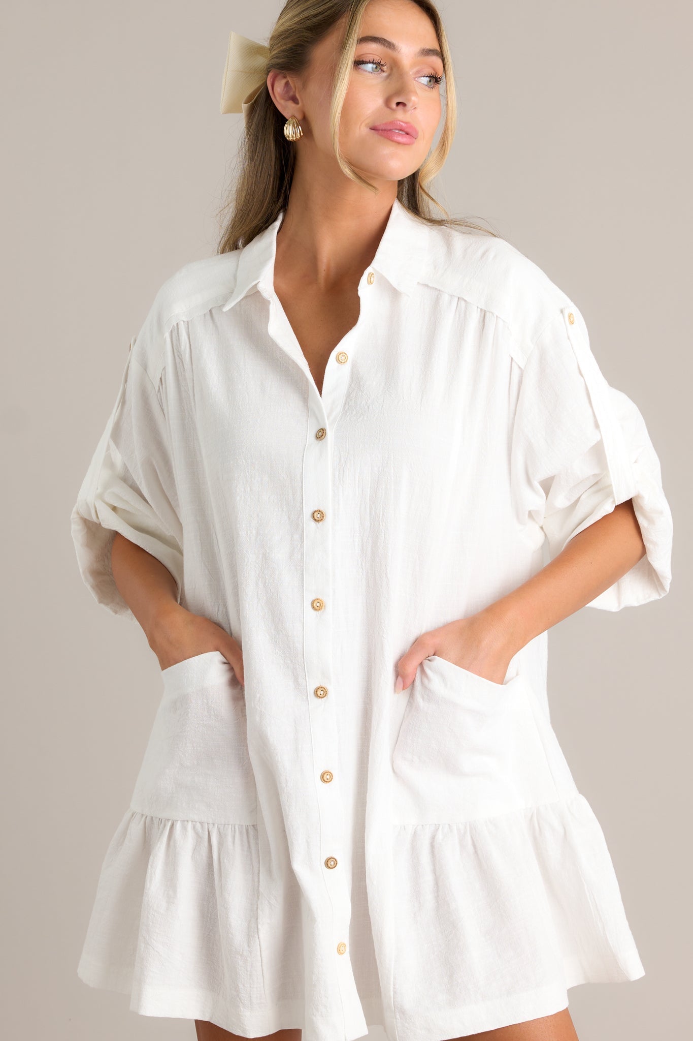 Posh Vision 100% Cotton Ivory Button Front Mini Dress