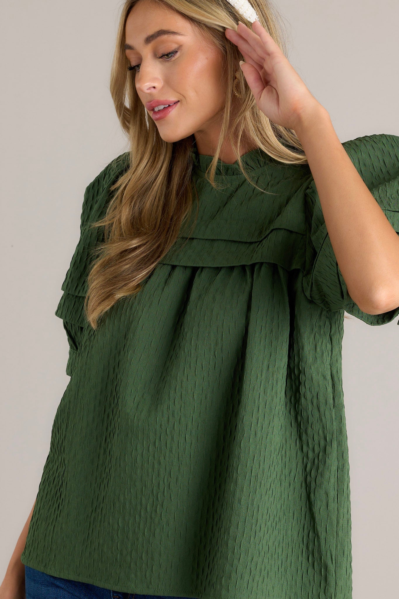 Olive Dreams Green Seersucker Puff Sleeve Top
