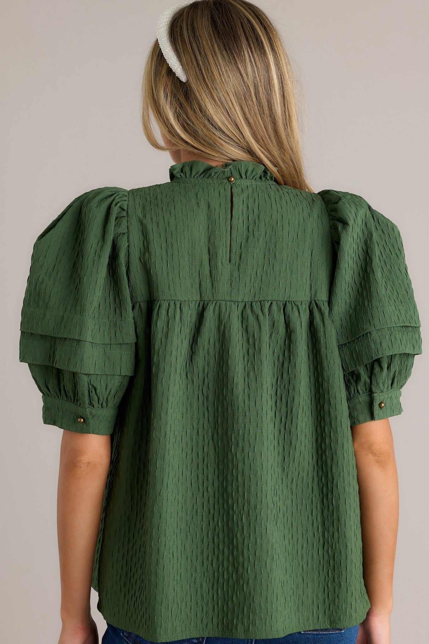 Olive Dreams Green Seersucker Puff Sleeve Top