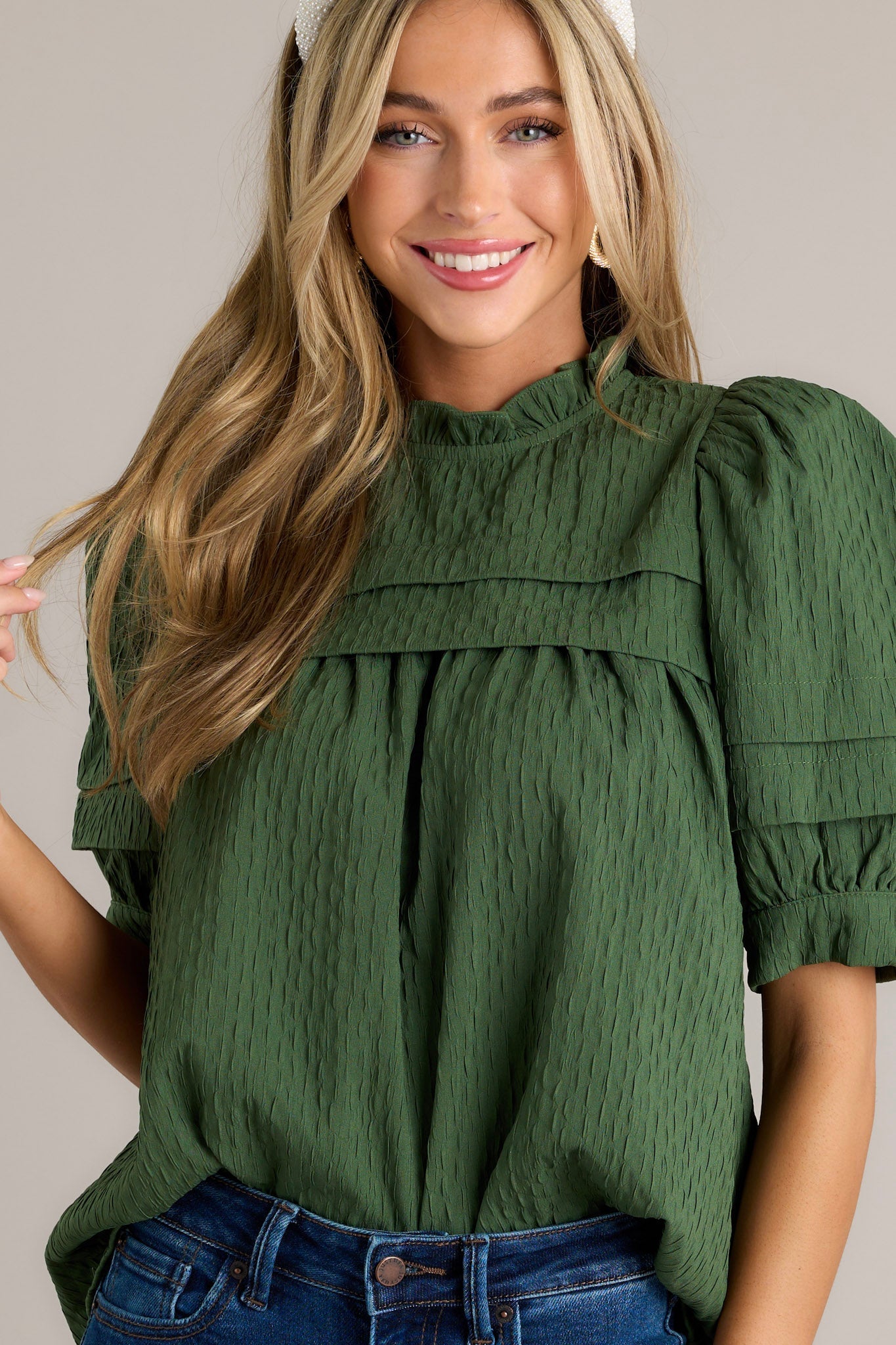 Olive Dreams Green Seersucker Puff Sleeve Top
