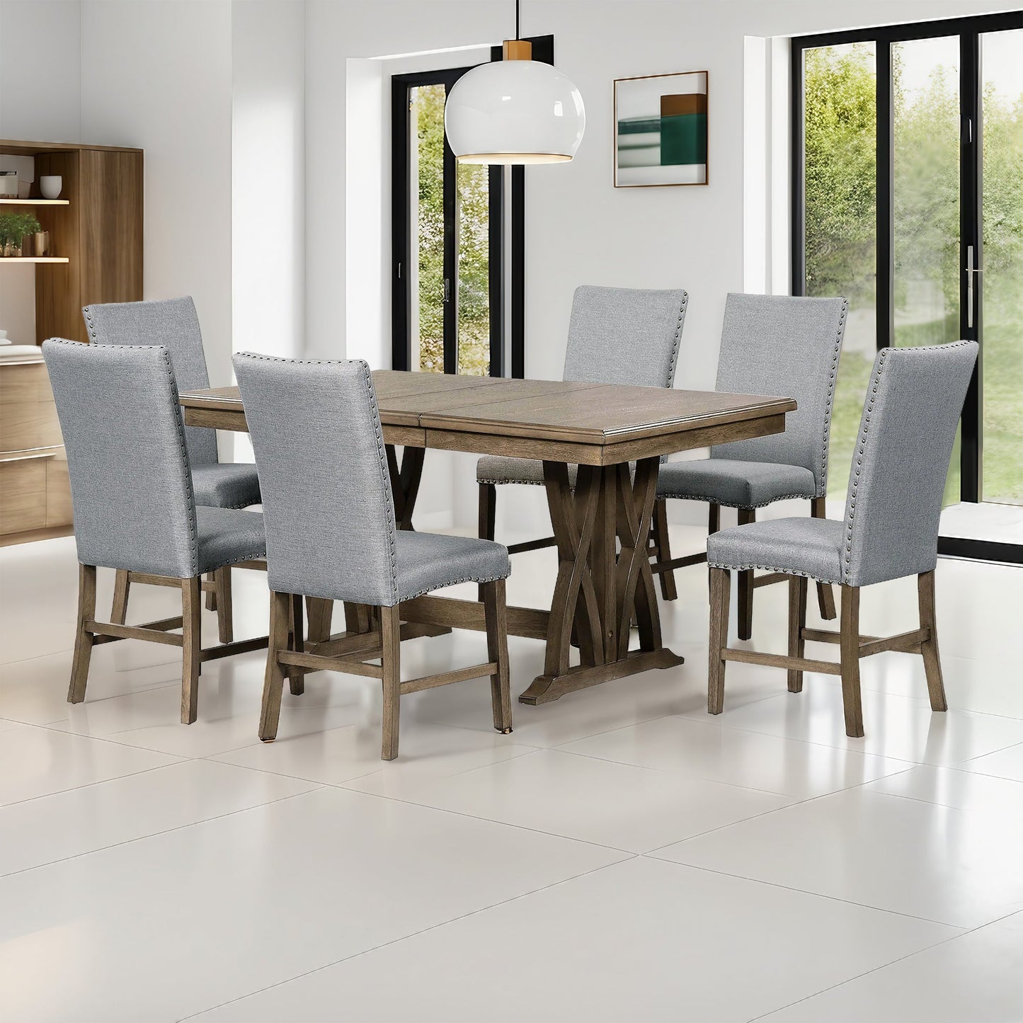 7 Piece Dining Table Set with 6 Upholstered Chairs