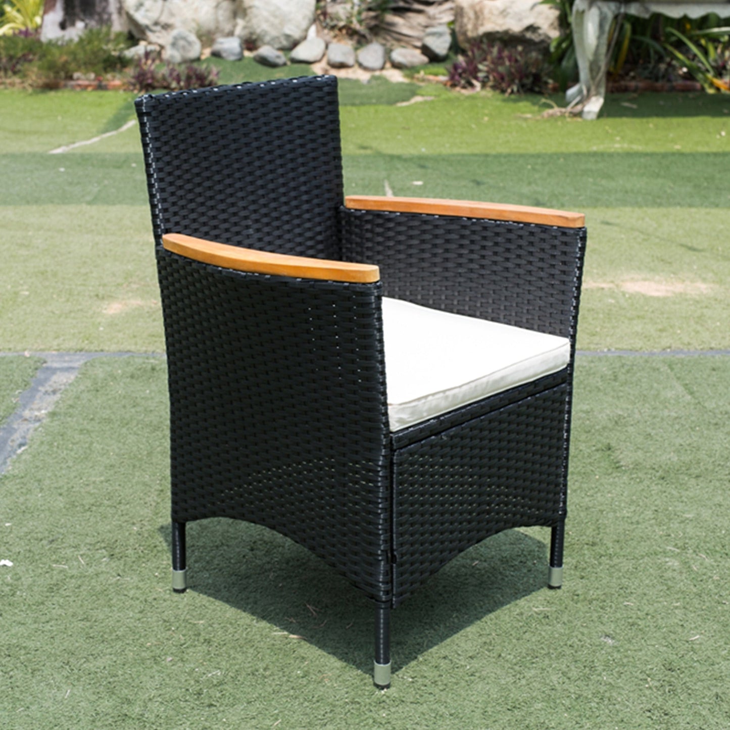 7 Piece Patio Wicker Dining Set with Acacia Wood Top