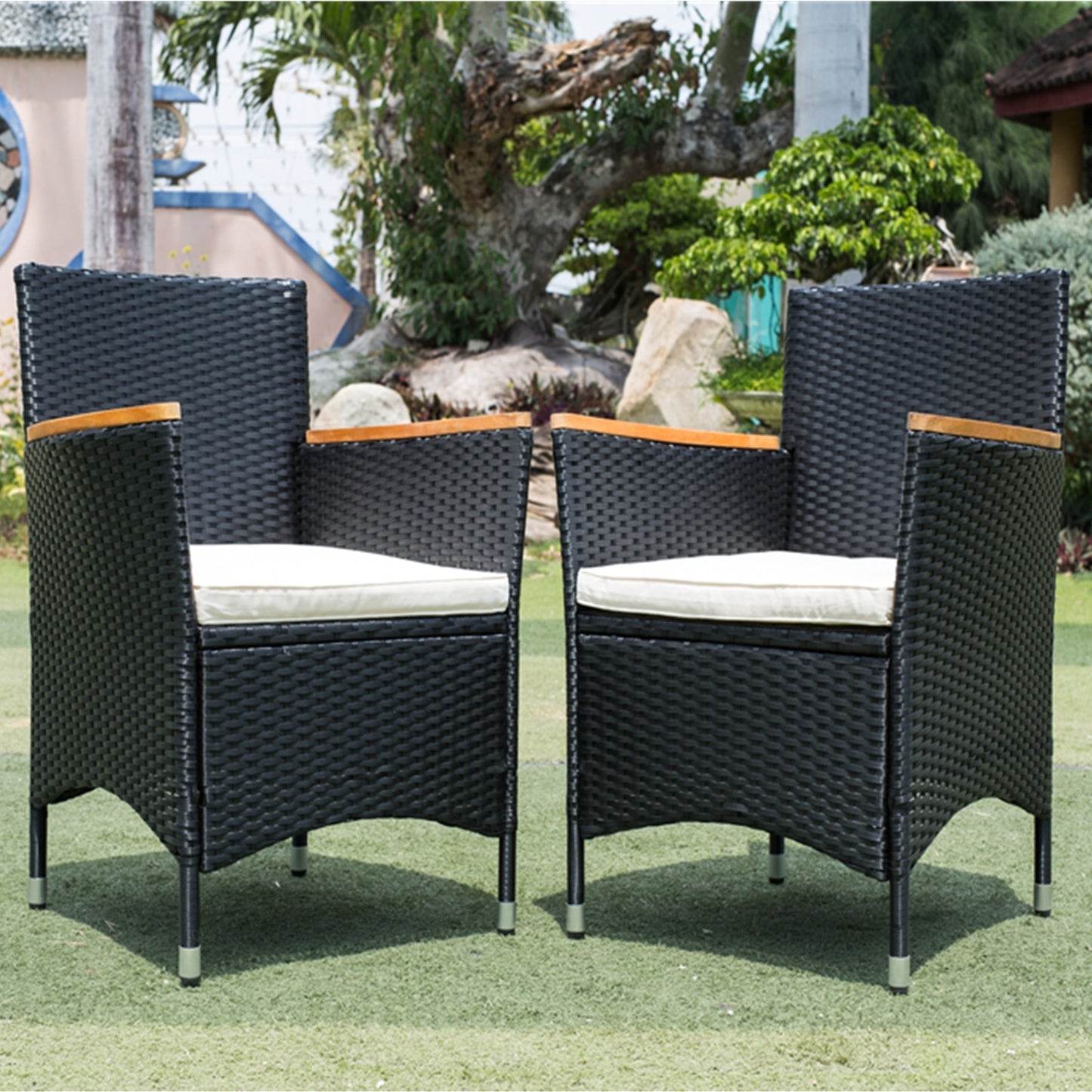 7 Piece Patio Wicker Dining Set with Acacia Wood Top