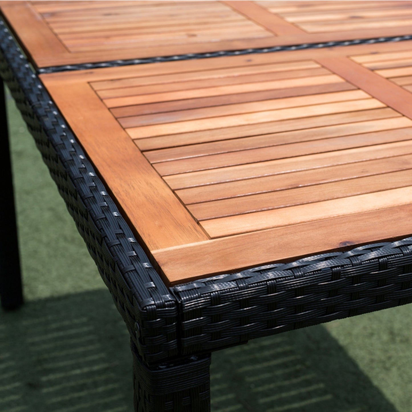 7 Piece Patio Wicker Dining Set with Acacia Wood Top