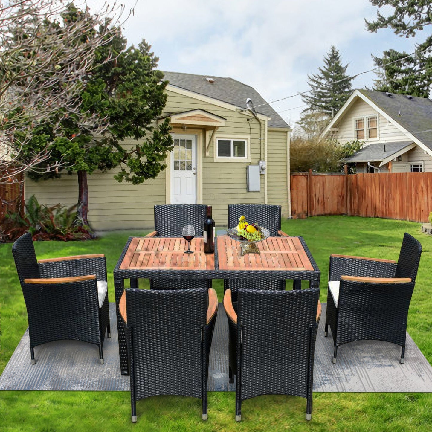 7 Piece Patio Wicker Dining Set with Acacia Wood Top