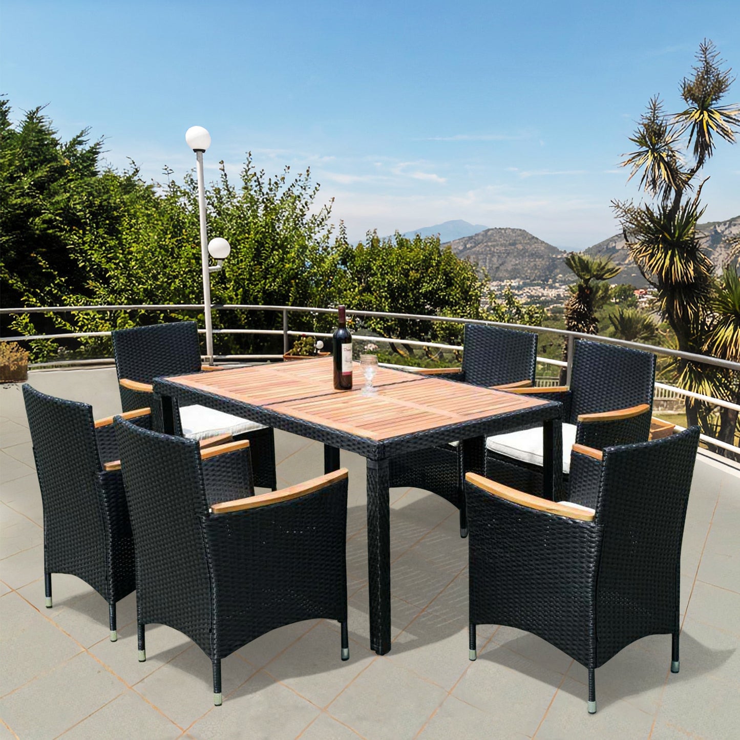 7 Piece Patio Wicker Dining Set with Acacia Wood Top