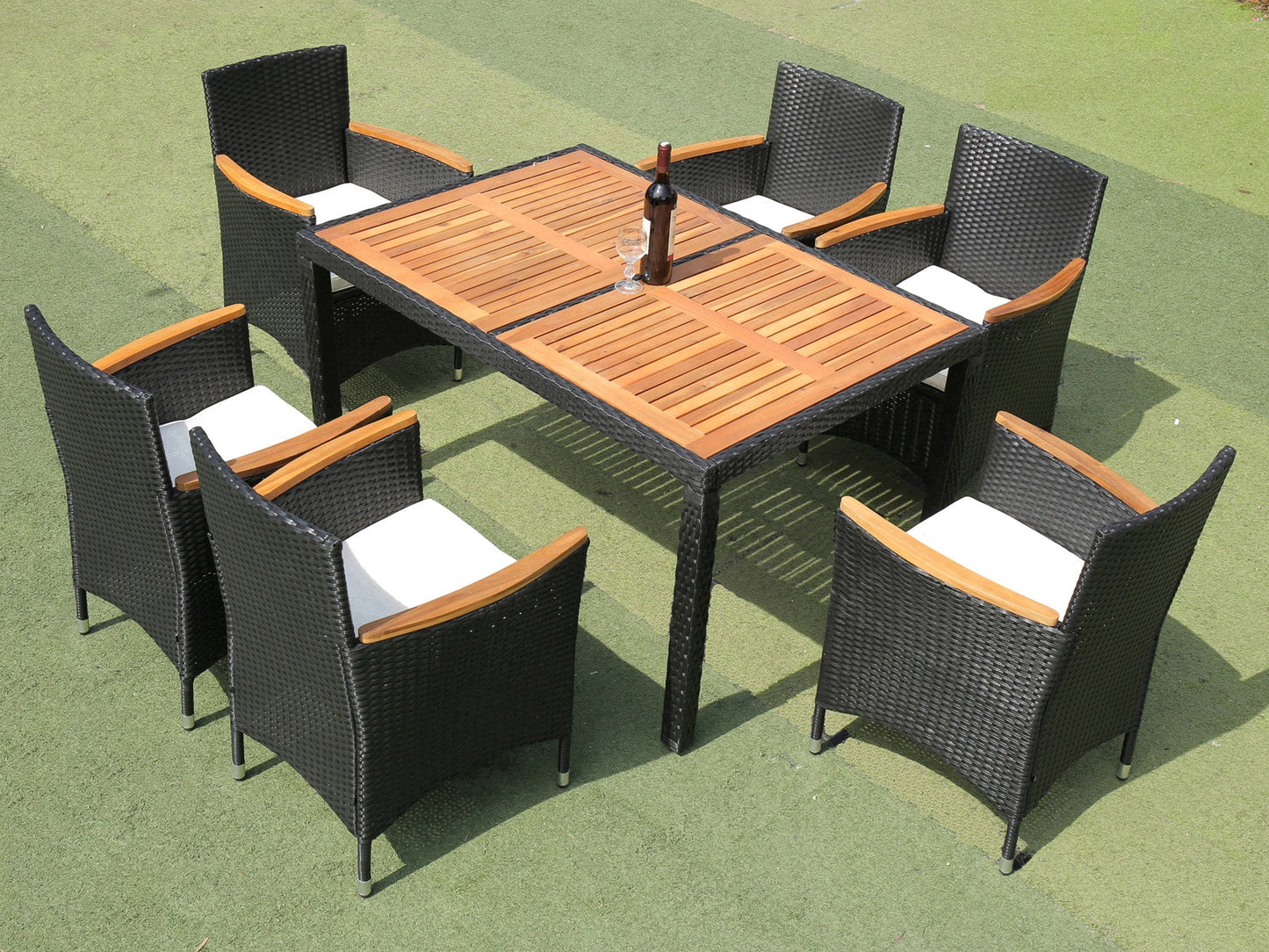 7 Piece Patio Wicker Dining Set with Acacia Wood Top