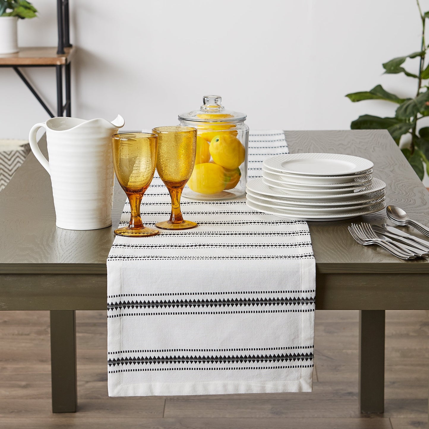 Black Zig Dobby Stripe Table Runner 14X108