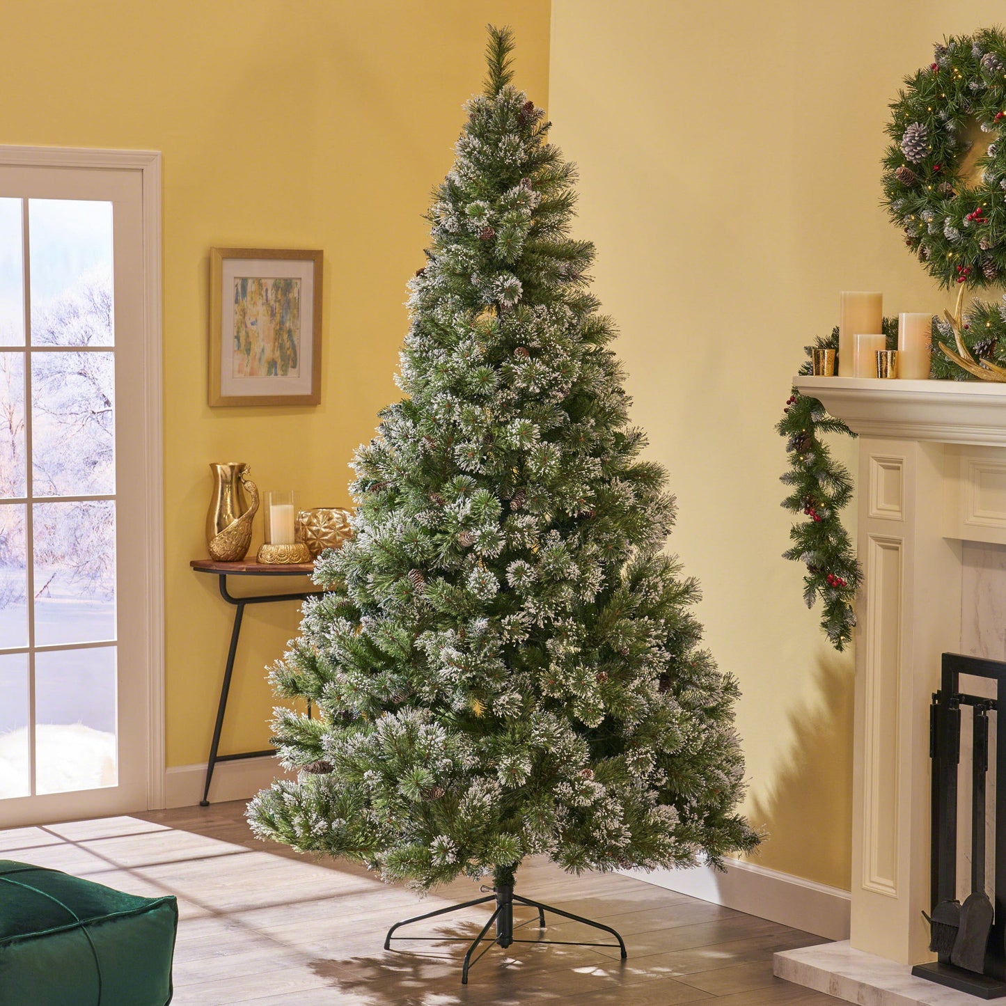 Nuvia 7 ft Brilste Mixed Hinged Christmas Tree with Snow, Glitter, 78 Frosted Pine Cones, No Light