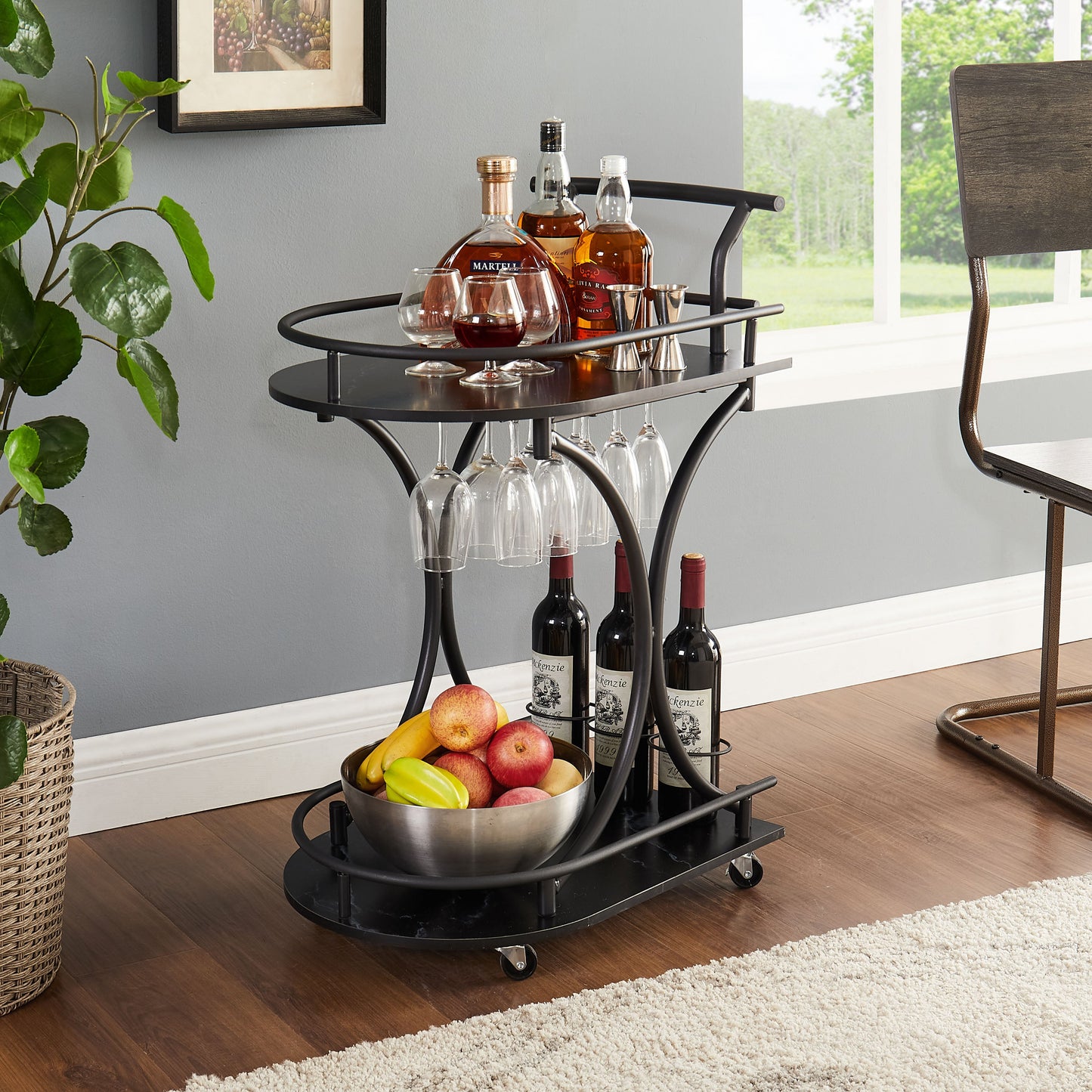 2-Tier Metal Bar Cart with Wine Rack and Glass Holder