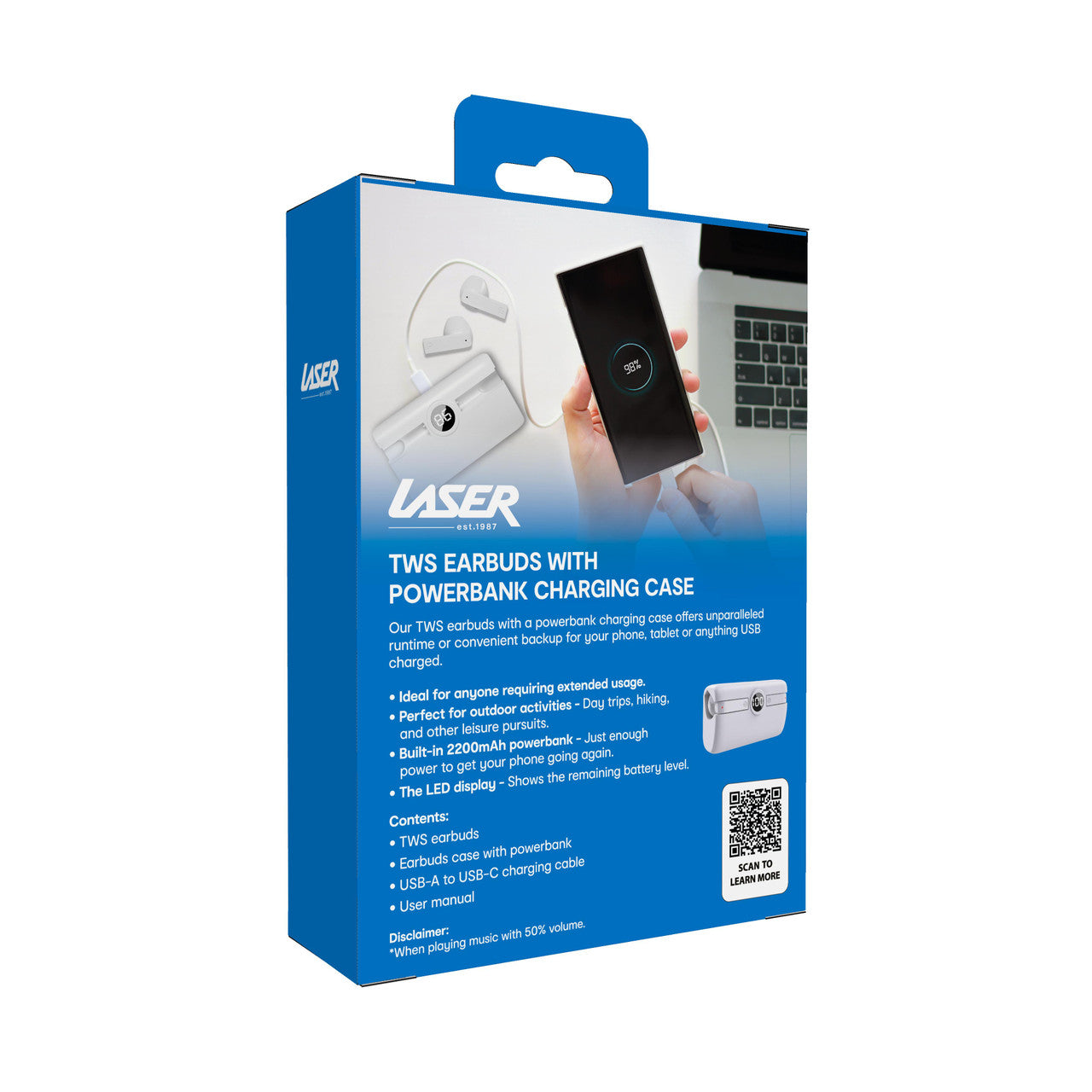 Laser TWS Earbuds with Powerbank Charging Case (White)