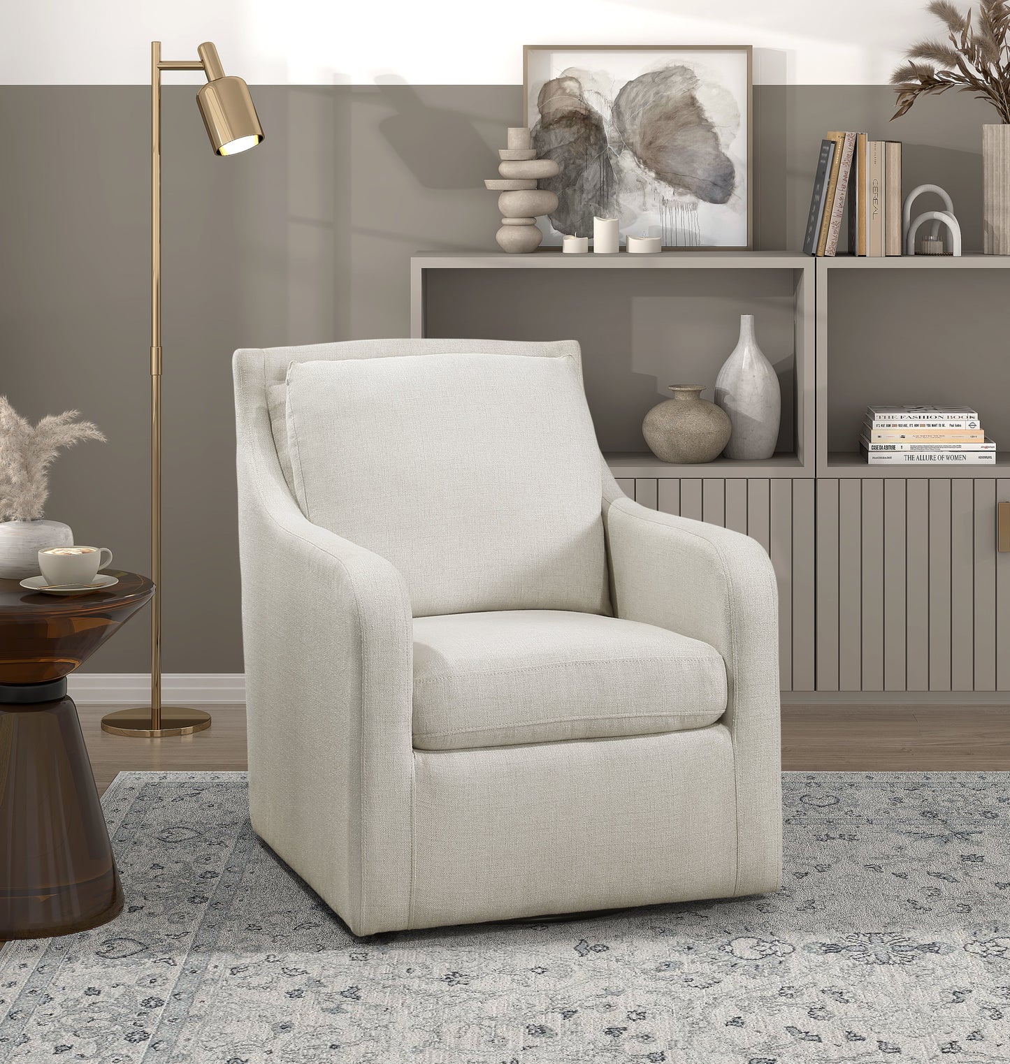 Upholstered Swivel Chair with Sloped Arms and Metal Base