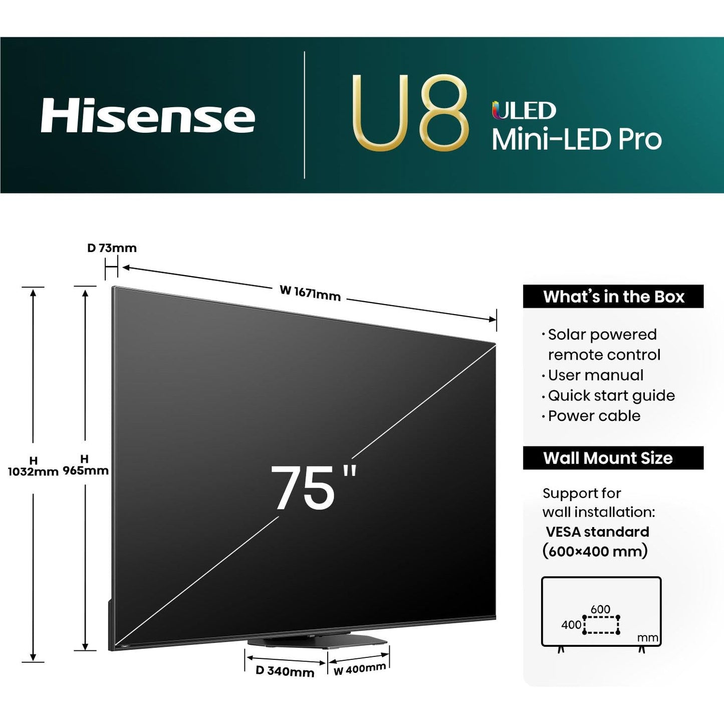 Hisense 75" U8NAU 4K  ULED QD Mini-LED PRO Smart TV [2024]