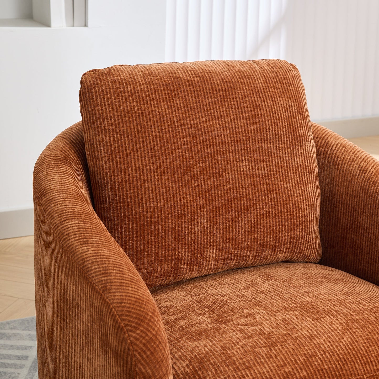 Actuator Upholstered Barrel Chair with 360-Degree Swivel Base and Curved Arms