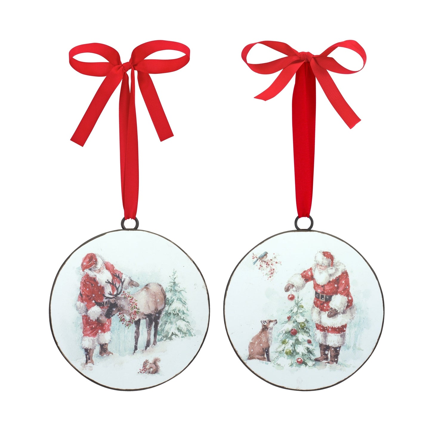 Winter Santa with Woodland Animals Disc Ornament, Set of 2