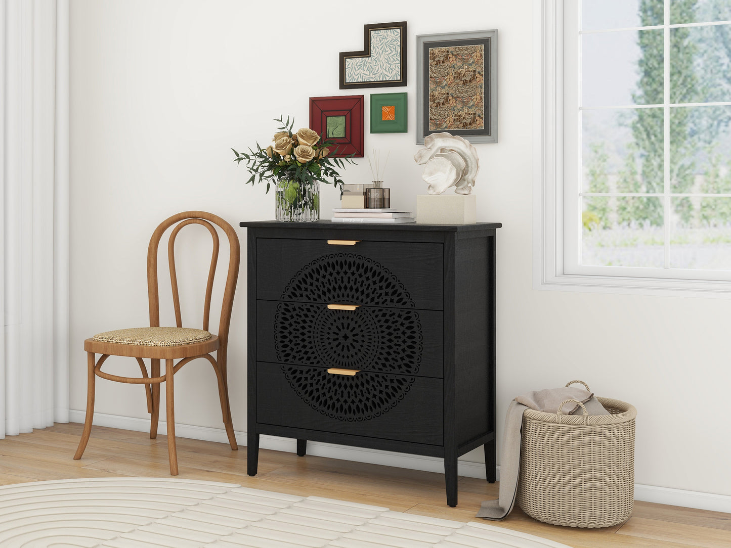 Abundanz 3-Drawer Dresser with Hollow Pattern and Metal Handle