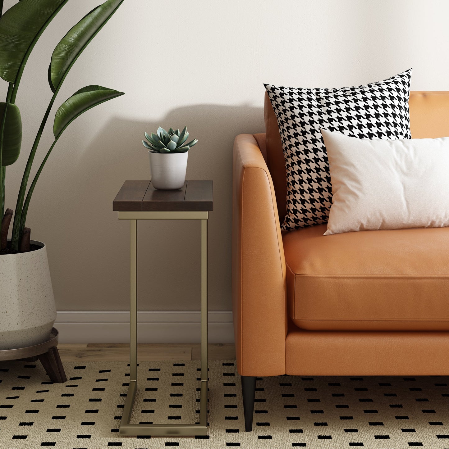 Haloed Side Table with C-Shaped Design and Metal Frame