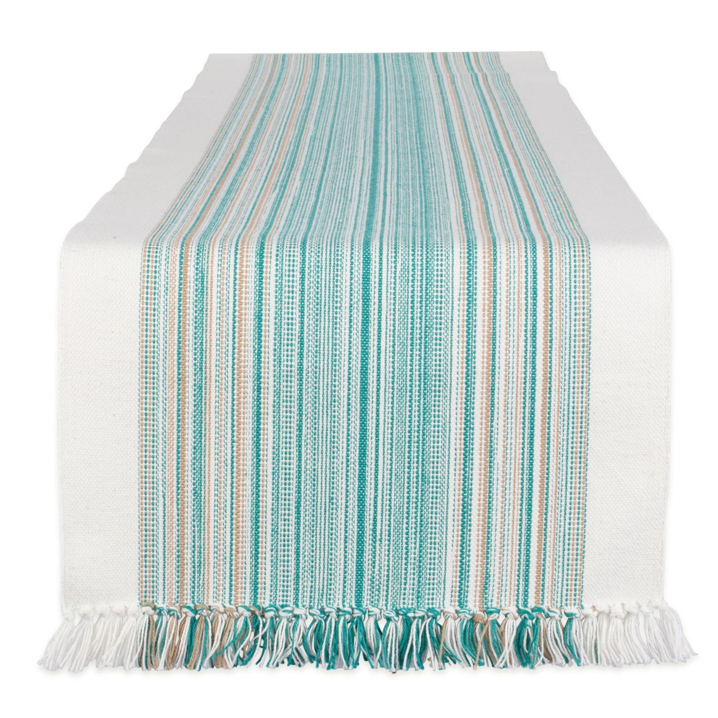 Teal Blue Striped Fringe Ribbed Table Runner 14X108