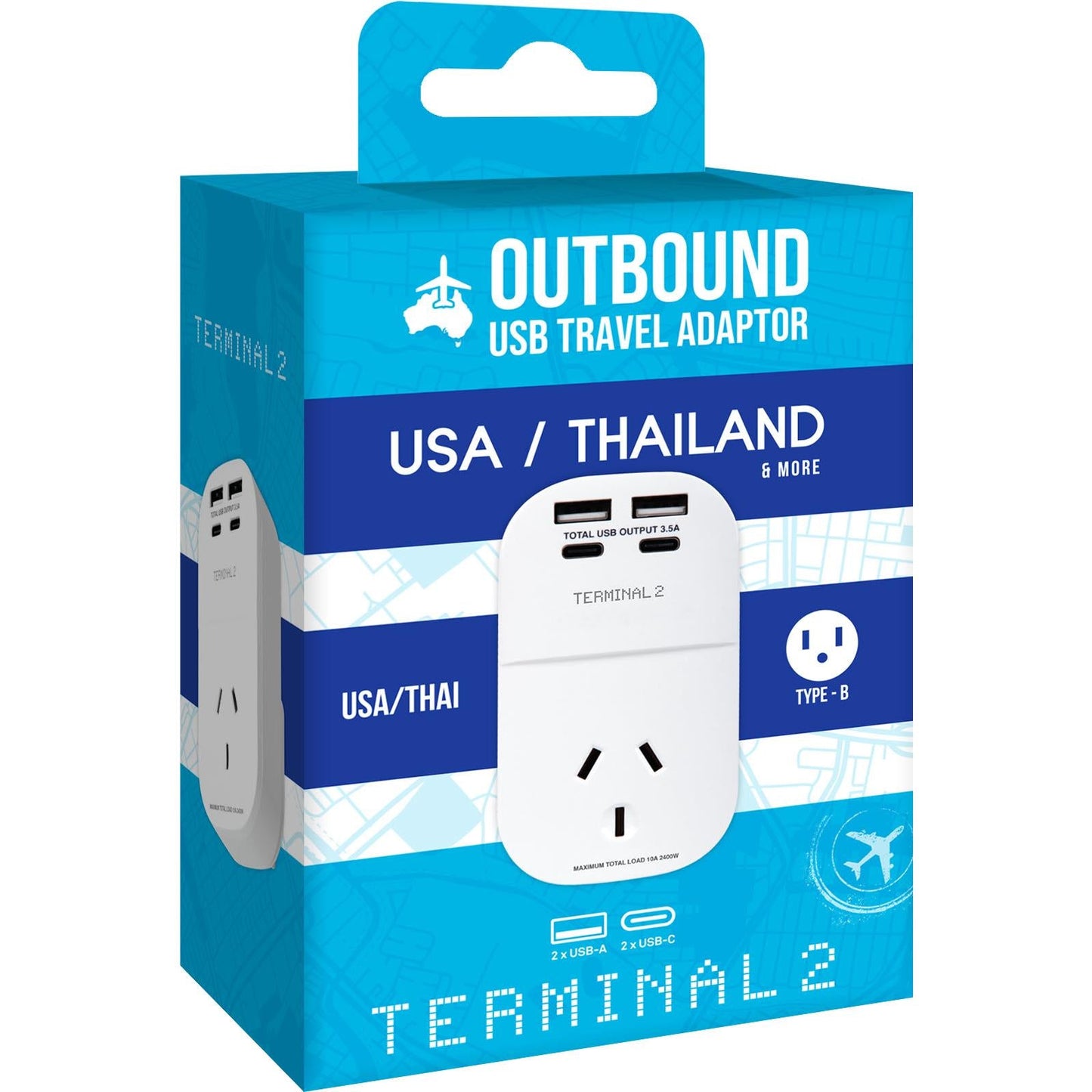 Terminal 2 Outbound Travel Adaptor with 4 USB Ports for America, Canada & More