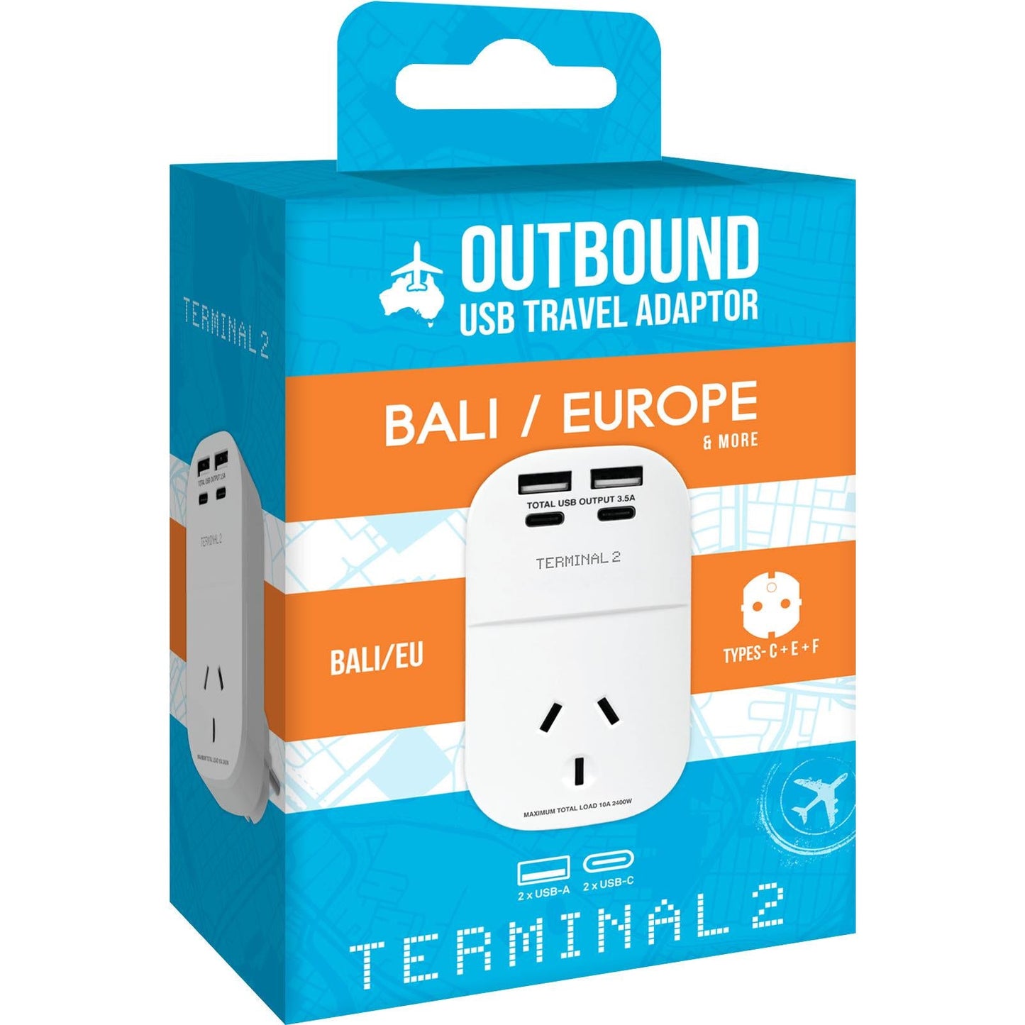 Terminal 2 Outbound Travel Adaptor with 4 USB Ports for Europe, Russia, Vietnam & More