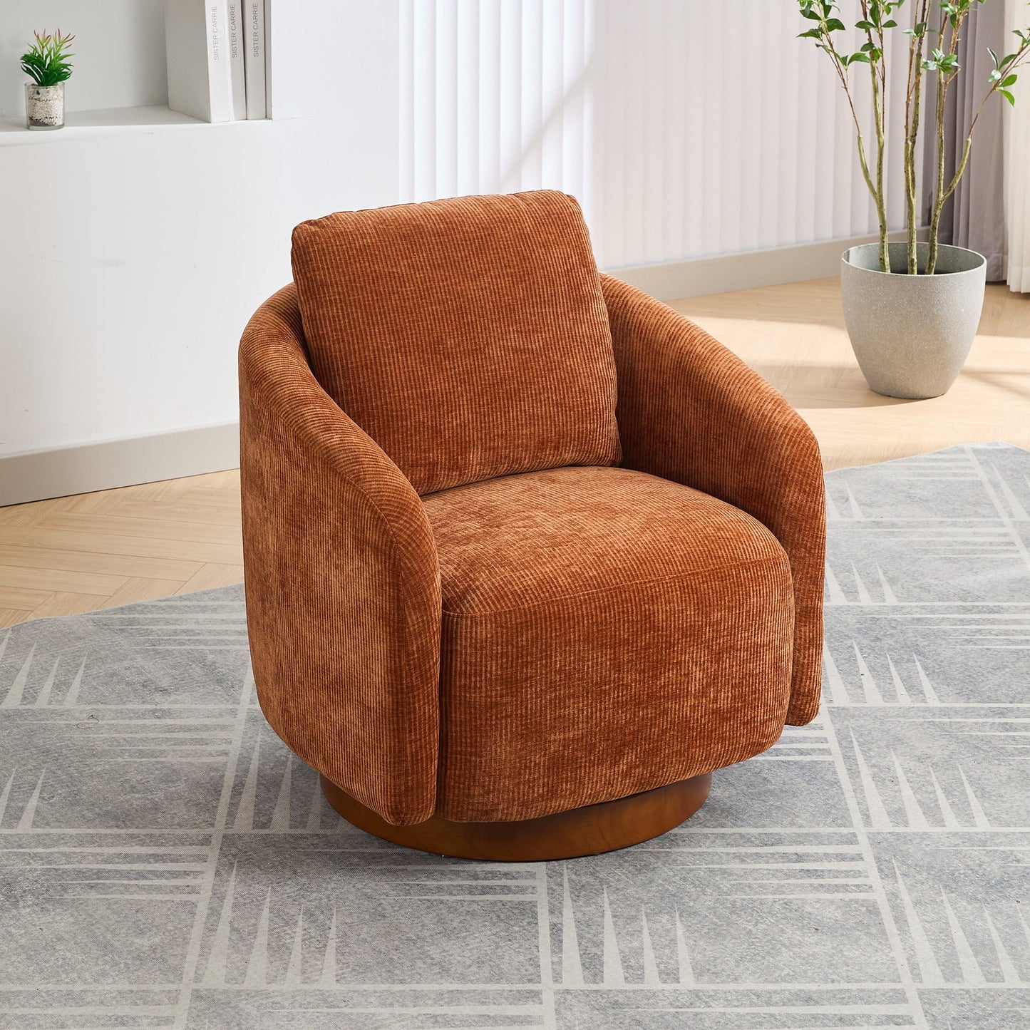 Actuator Upholstered Barrel Chair with 360-Degree Swivel Base and Curved Arms