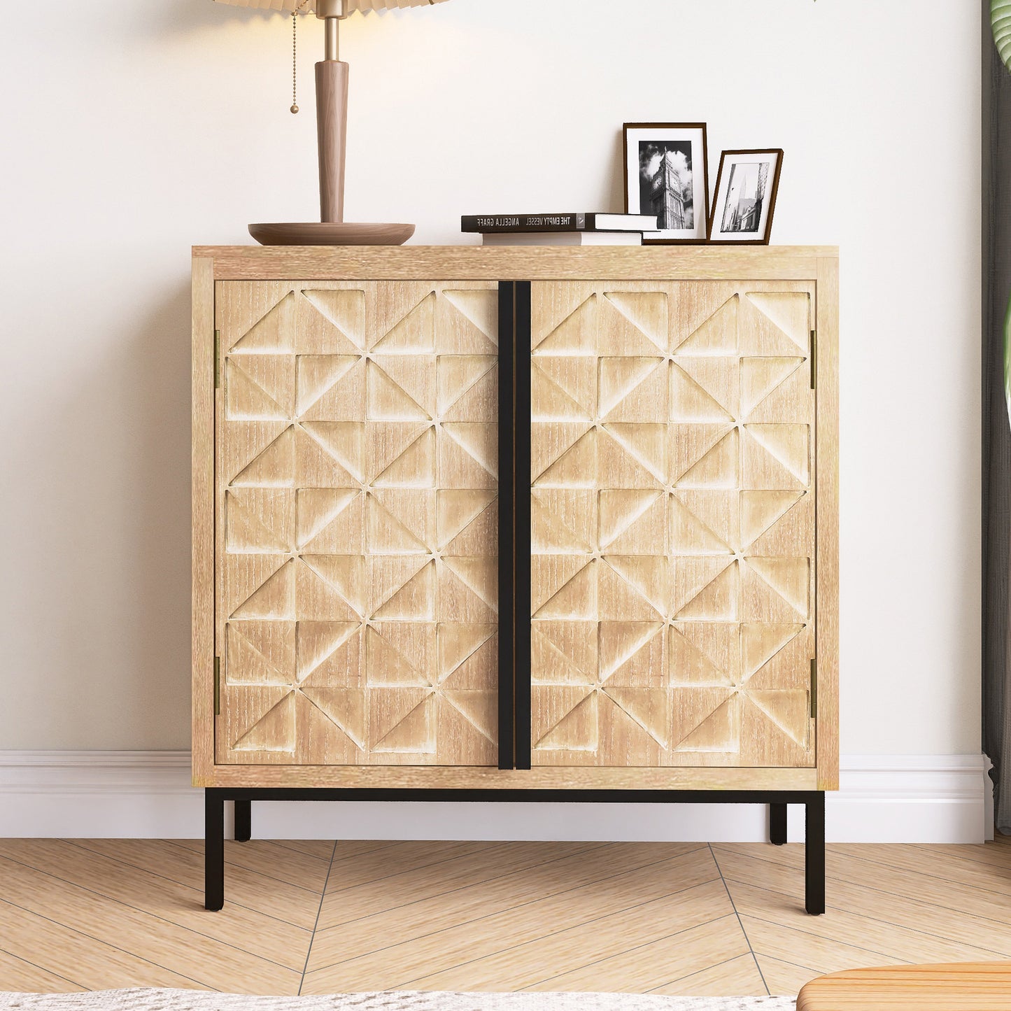 Hand-Carved 2 Doors Accent Cabinet with Shelves and Wood Legs