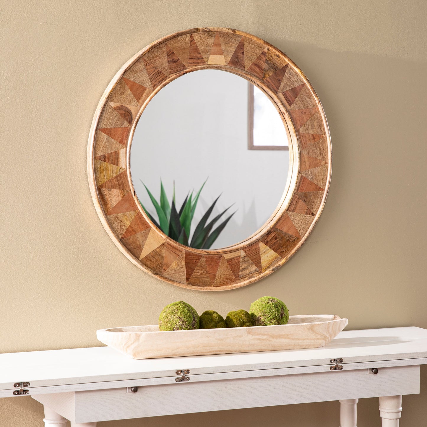Round Wall Mirror with Solid Wood Frame