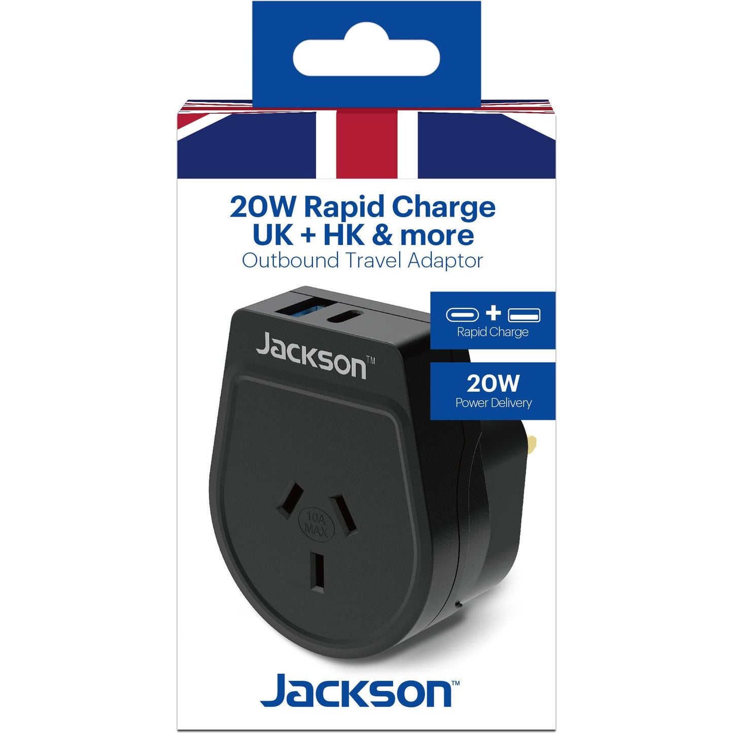 Jackson Outbound 20W Travel Adapter UK & Hong Kong with USB-A/C