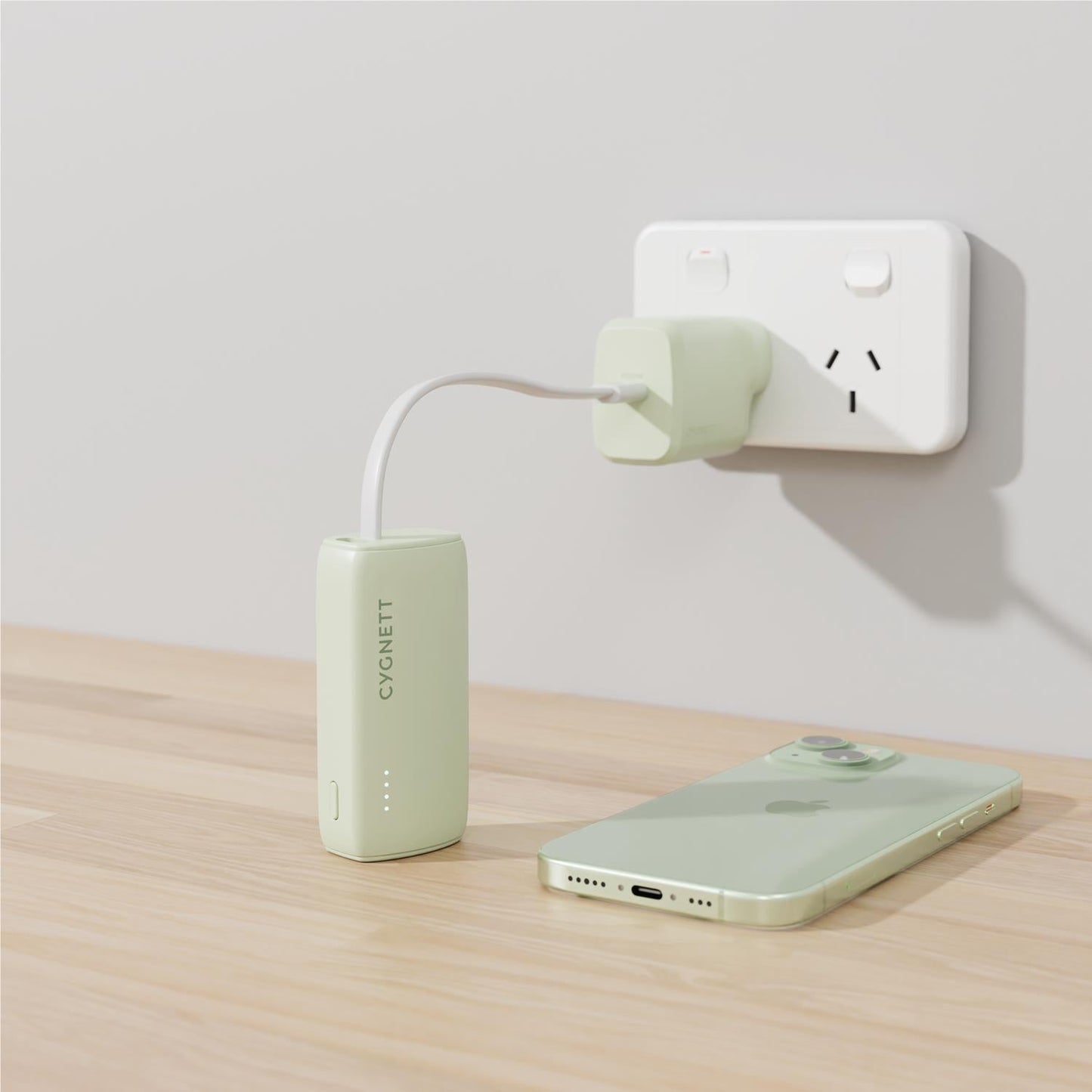 Cygnett Charge Connect 5K Power Bank with Integrated USB-C Cable (Green)