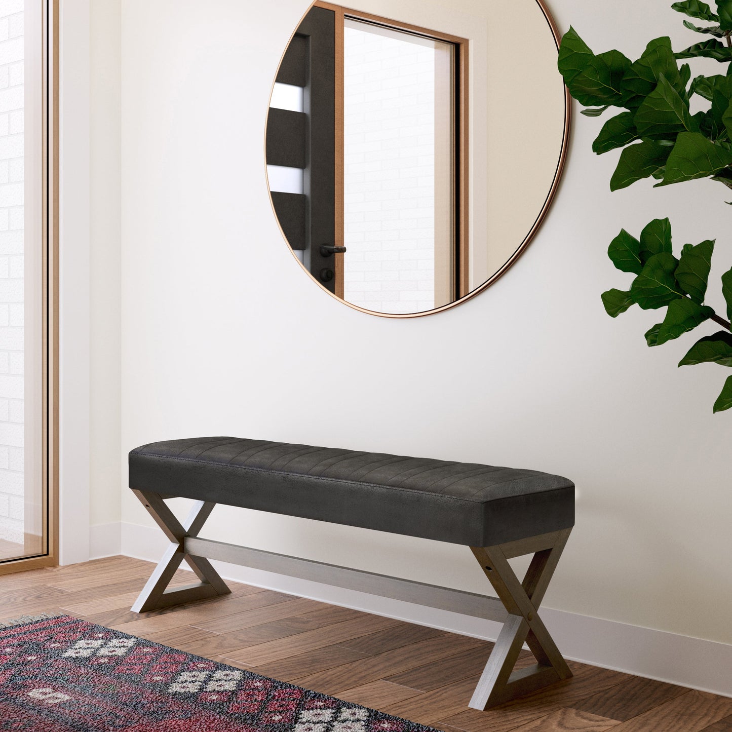 Bloom Upholstered Ottoman Bench with Vertical Stitching and X Design Trestle Base
