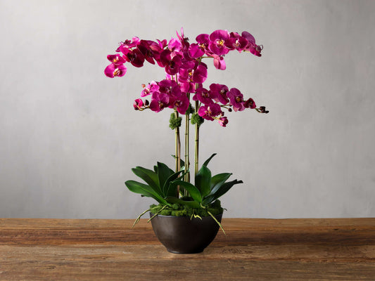 Faux Fuchsia Orchids in Bronze Terracotta Bowl