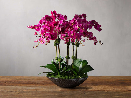 Faux Fuchsia Orchids in Bronze Texture Bowl