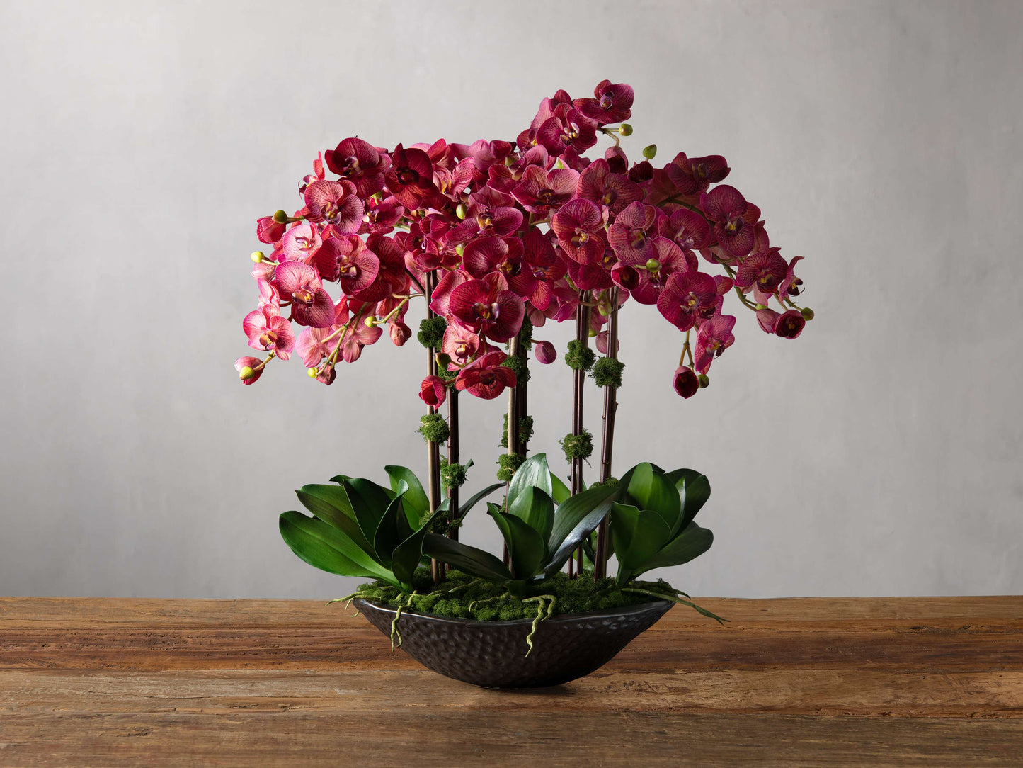 Faux Mulberry Orchids in Bronze Texture Bowl