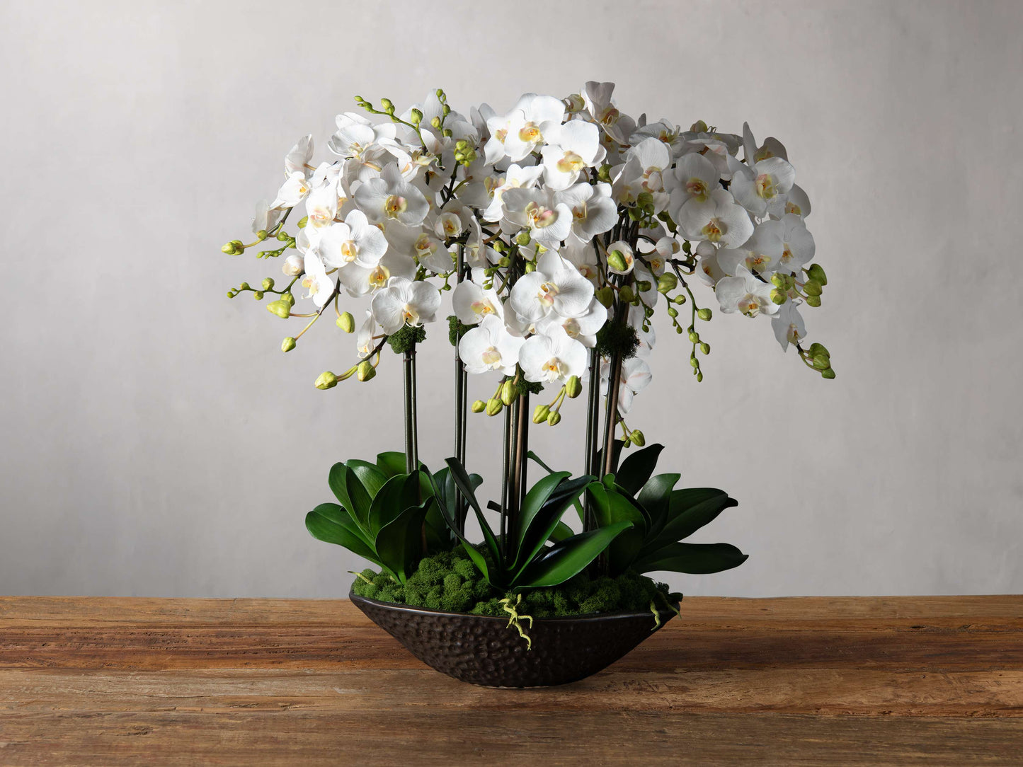 Faux White Orchids in Bronze Texture Bowl