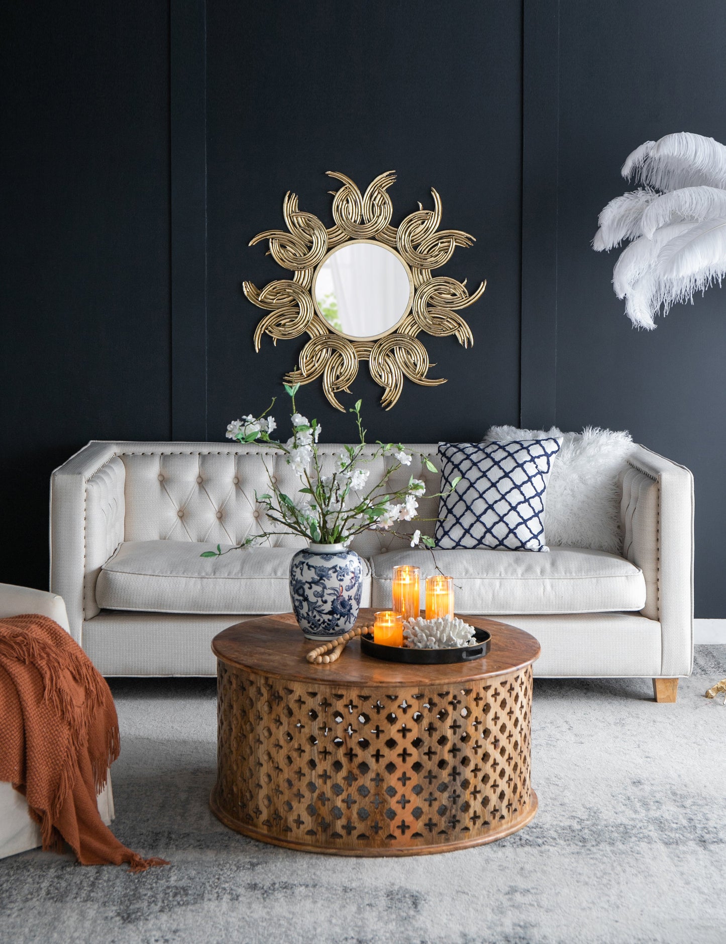 Wall Mirror with Sunburst Design and Metal Frame