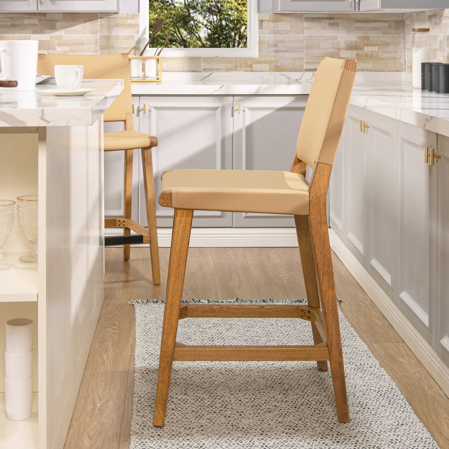 Counter Stool with Wood Frame, Open Back and Footrest