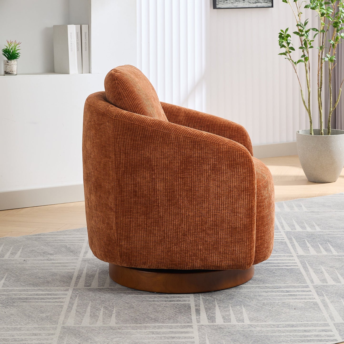Actuator Upholstered Barrel Chair with 360-Degree Swivel Base and Curved Arms