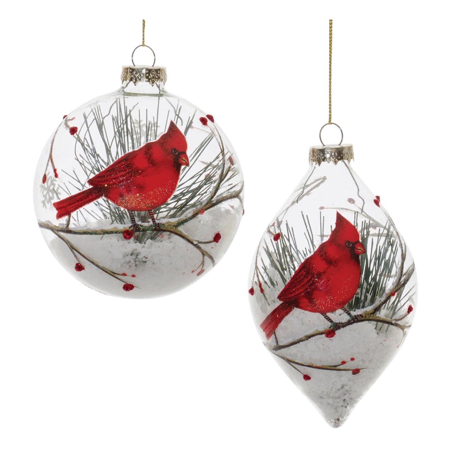 Glittered Glass Cardinal Ornament with Snow and Pine Filler, Set of 6
