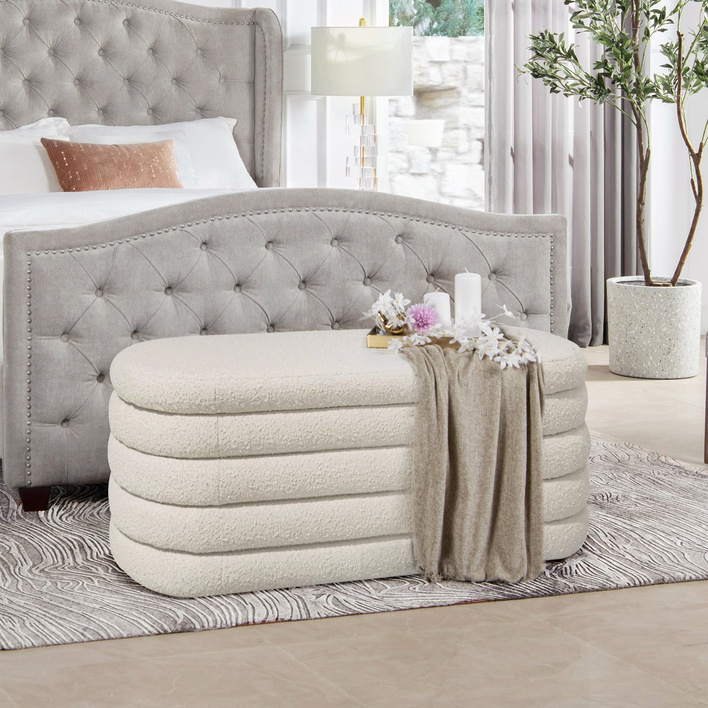 Capstone Oval Lid-Up Upholstered Storage Bench with Horizontal Tufting